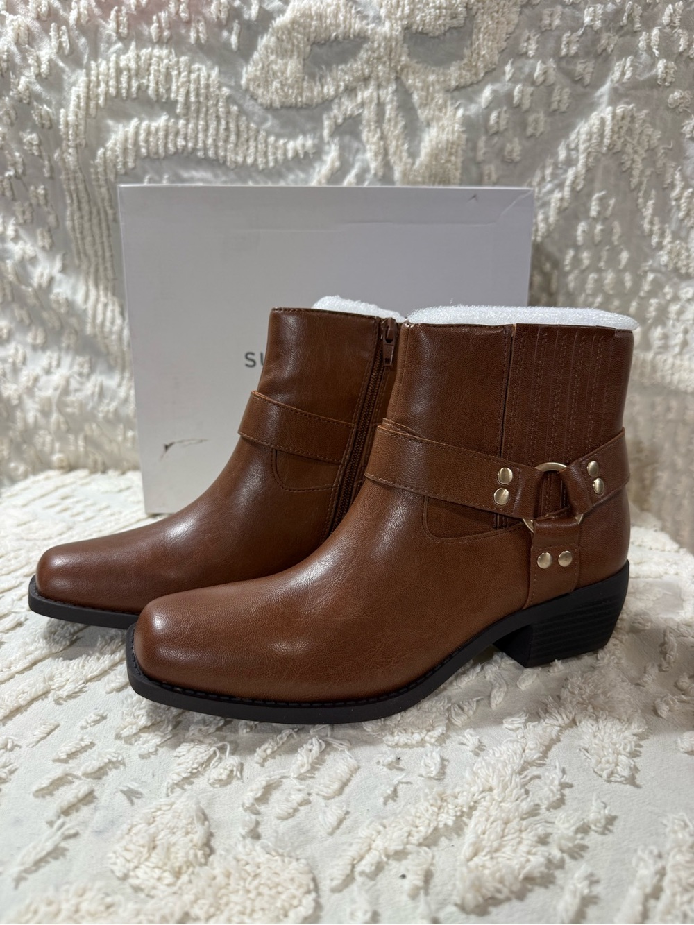 Classic Brown Faux-Leather Ankle Booties with Buckle Detail # 710